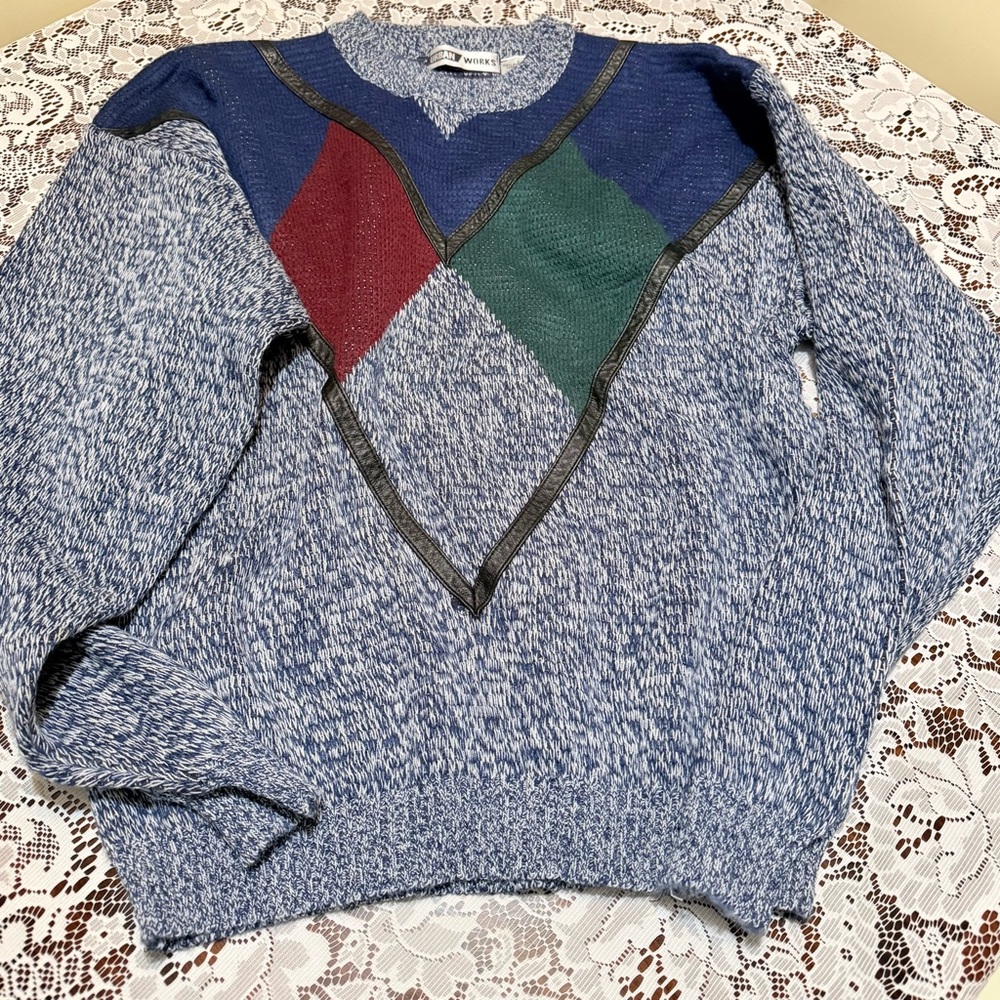 80s/90s man’s sweater urban works blue/ white heathered knit leather trim large